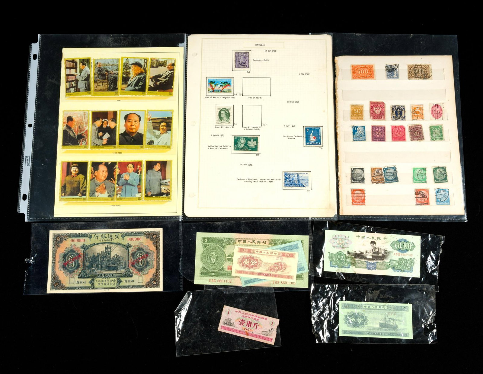 62 Foreign Stamps & 7 Asian Currency: Stamps include German, Chinese, and Australian.