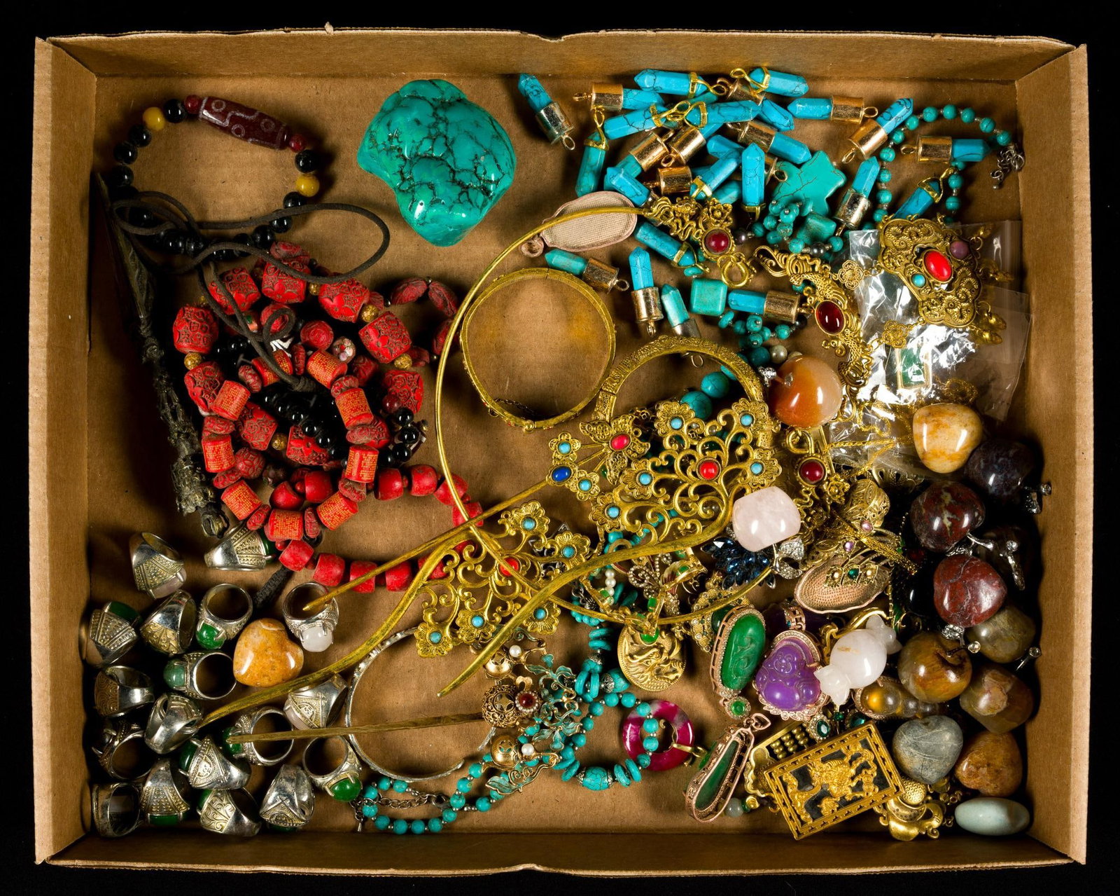 Lot of Asian Jewelry incl. Hair Pieces: Also includes carved stones, bracelets, and more.