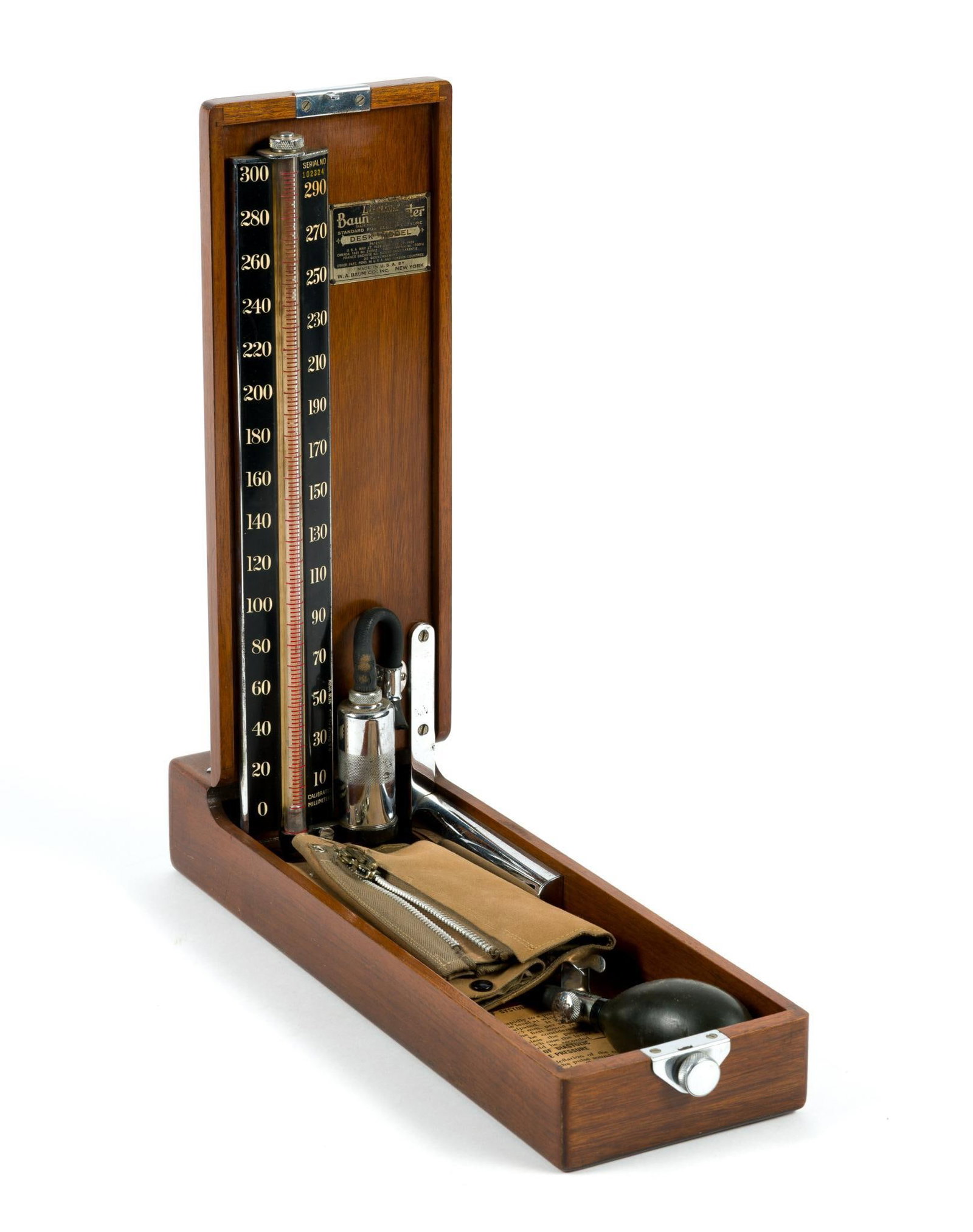 Antique Baumanometer: Measures blood pressure, made in 1924. Serial No. 102324. 2-3/8" tall, 13-3/4" wide.
