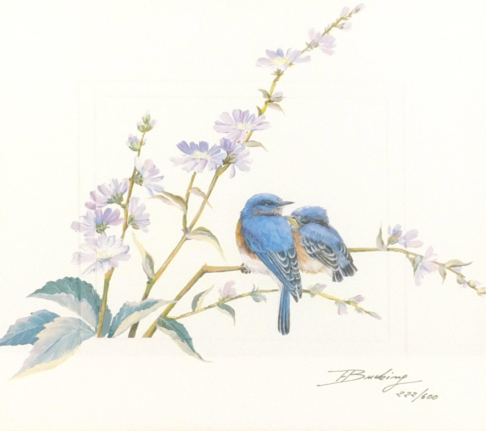 Ernestine Bucking True Blue Lithograph: 222/600. Sight 11" high X 12" wide. Overall with frame 17-1/4" high X 18-1/4" wide.