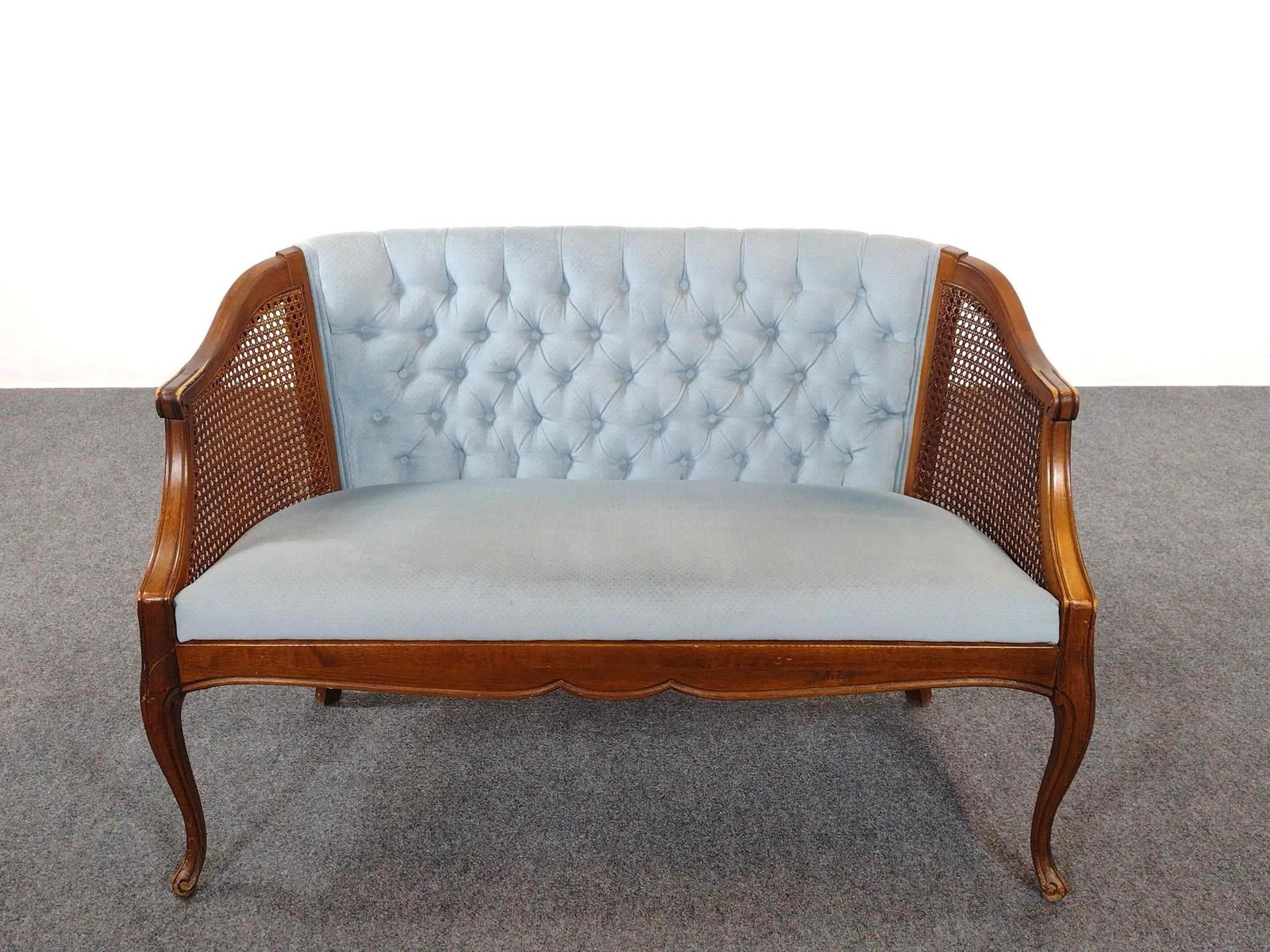 Tufted Back Settee: 45" wide X 24" deep X 30-1/2" high. Seat has some wear. Wood frame has some light scratches.
