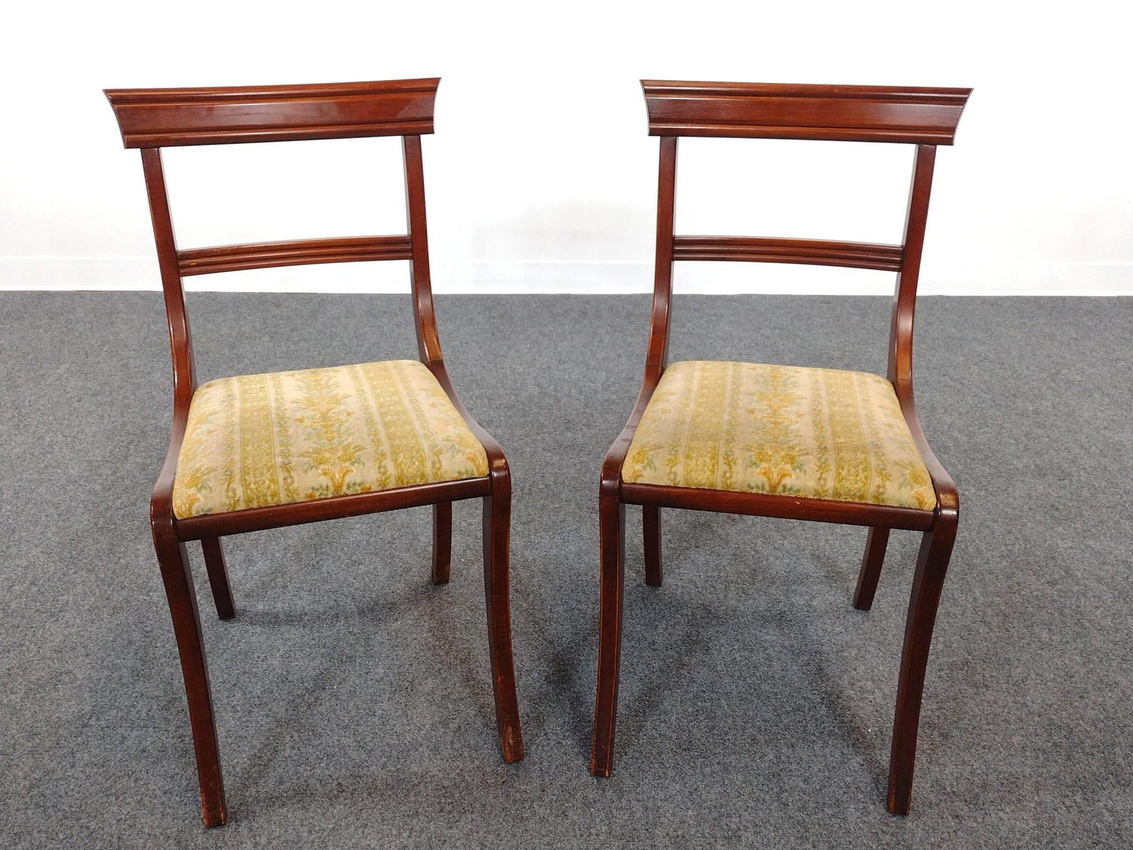 Pair Of Side Chairs: Each 17-3/4" wide X 19" deep X 32-1/2" high. Both have some scratches. Both also have discoloring to seats.
