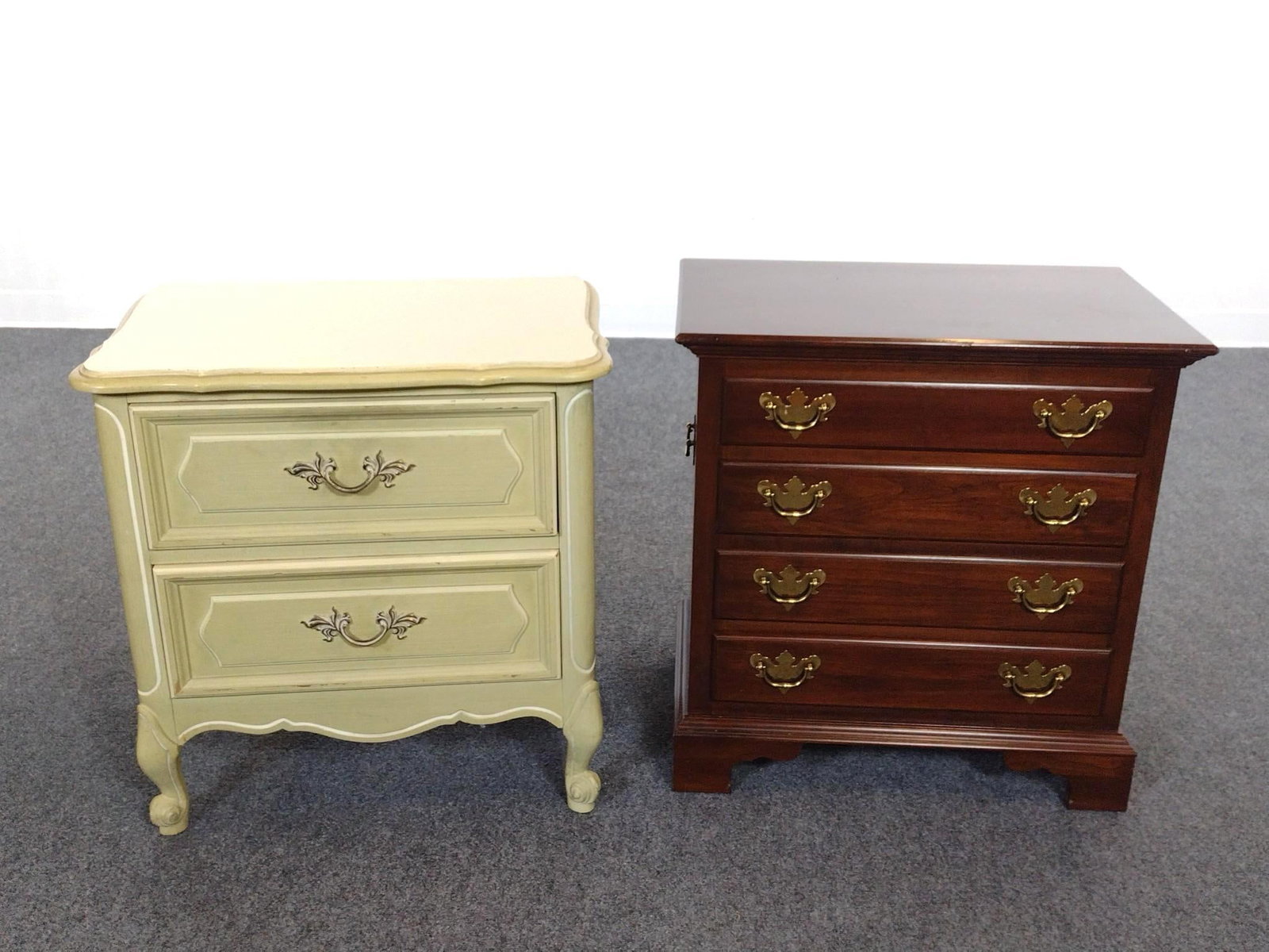 French Provincial & Hitchcock Night Stands: 24" wide X 15" to 16" deep X 24-1/2" to 25" high. Both have some scratches.