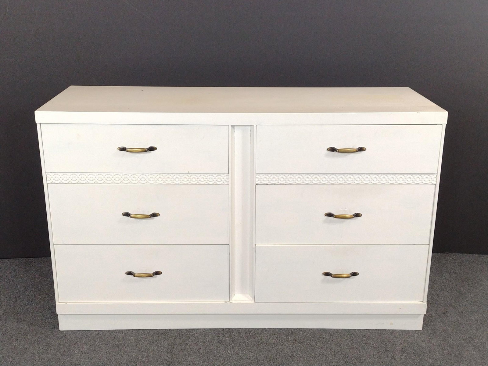 White Painted Dresser: 52" wide X 18" deep X 32" high. Has some scratches and areas of finish loss. No manufactures name found.