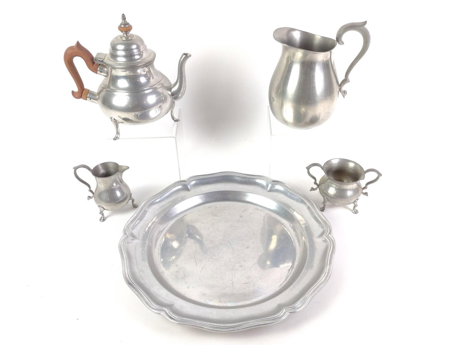 Colonial Williamsburg Pewter Tea Set: Also includes Reed & Barton. Tray 14-1/2" diameter. 3" to 8" high.
