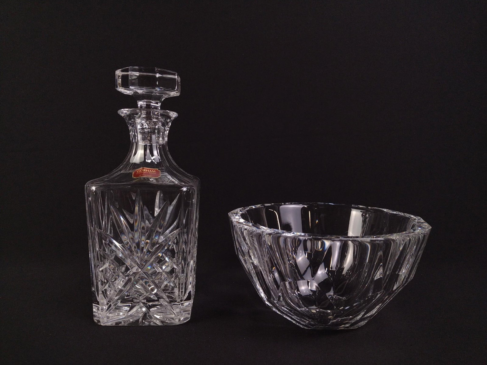 Gorham Decanter & Orrefors Bowl: Decanter 4" wide X 9-3/4" high. Bowl 7-1/2" diameter X 4" high.