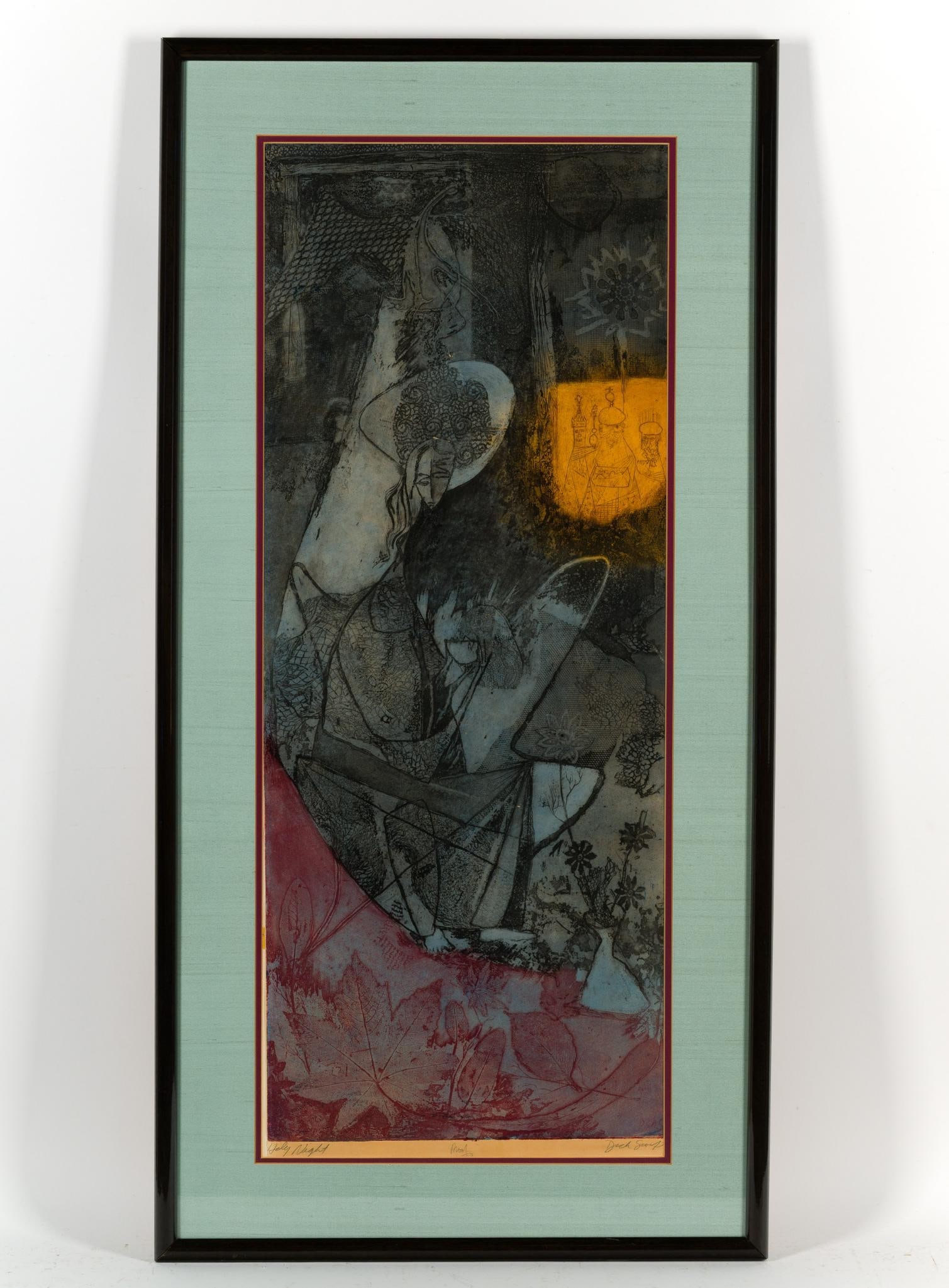 "Holy Night" by Dick Swift: Framed serigraph, signed lower right. Overall 43-1/4" long x 21-3/4" wide, sight 36-1/4" long x 14" wide. Dick Swift (1918-2010)