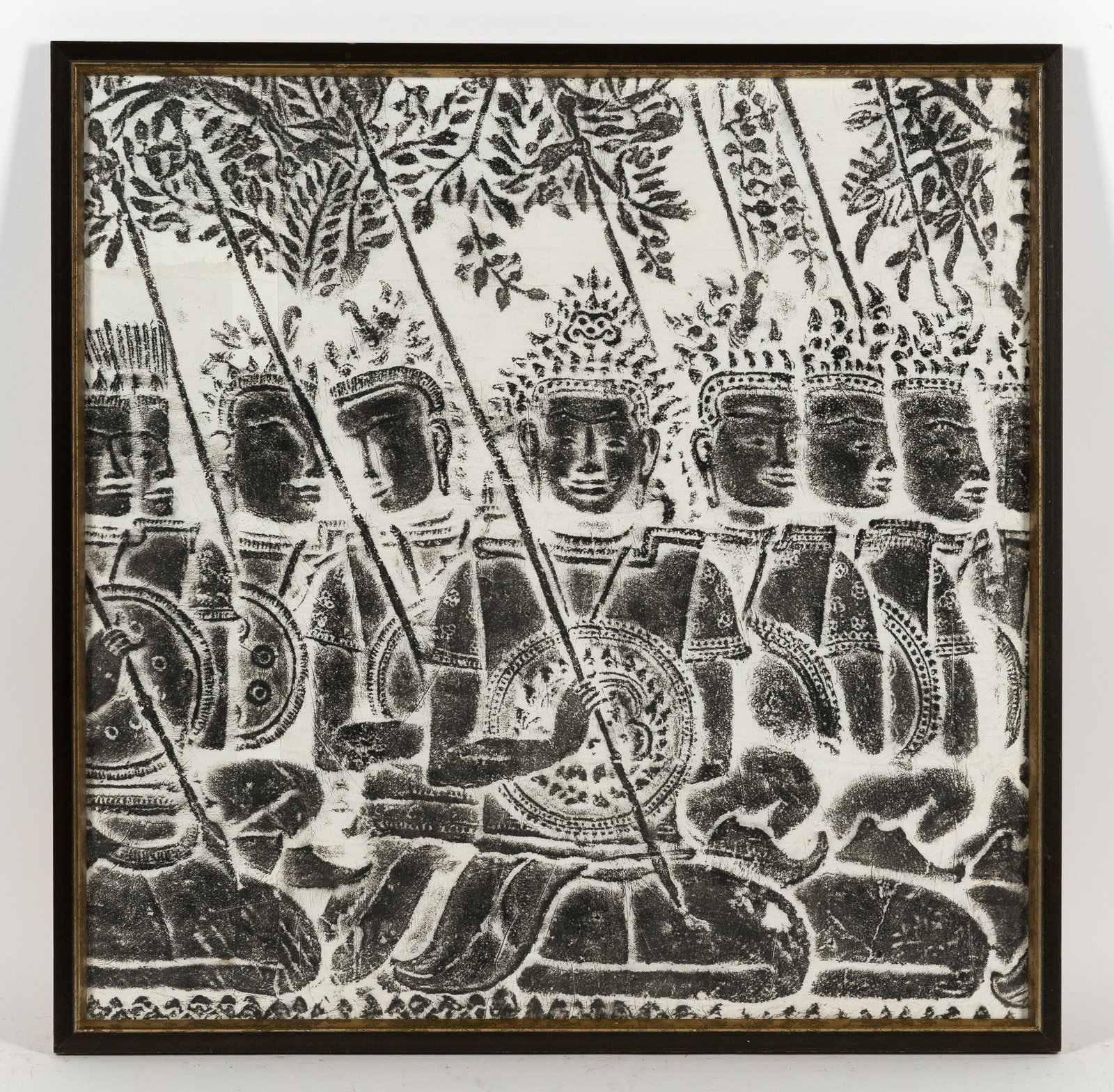 Framed Cambodian Temple Rubbing: 24-1/4" long x 24" wide.