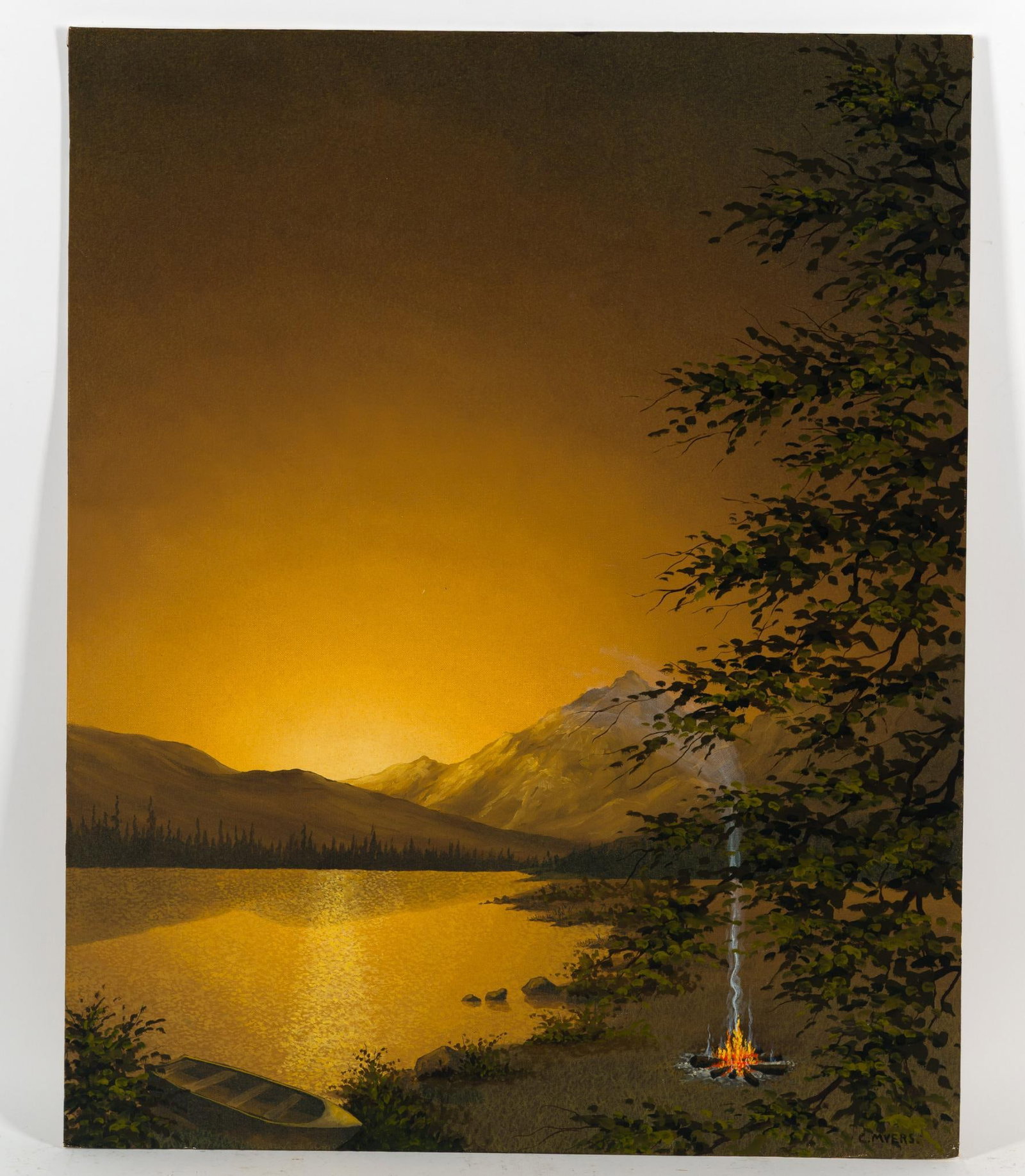 C. Myers "Sunrise" Landscape Painting: 30" long x 24" wide. Signed lower right corner. Water damage to the back. Unframed, appears to be oil on masonite.