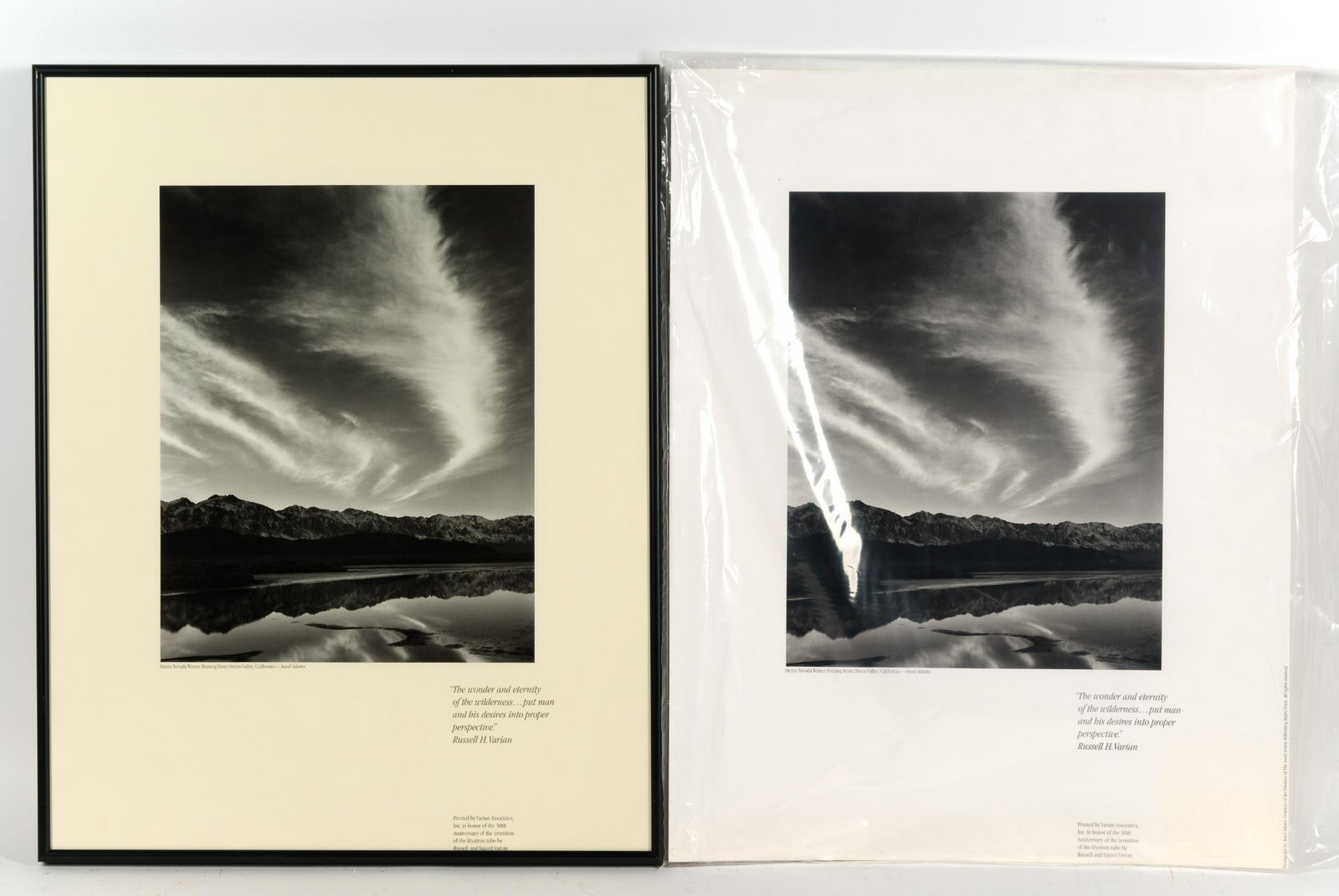 2 Ansel Adams Prints: One is framed other unframed. Framed 23-1/4" long x 18-1/4" wide. Unframed 23" long x 18" wide.