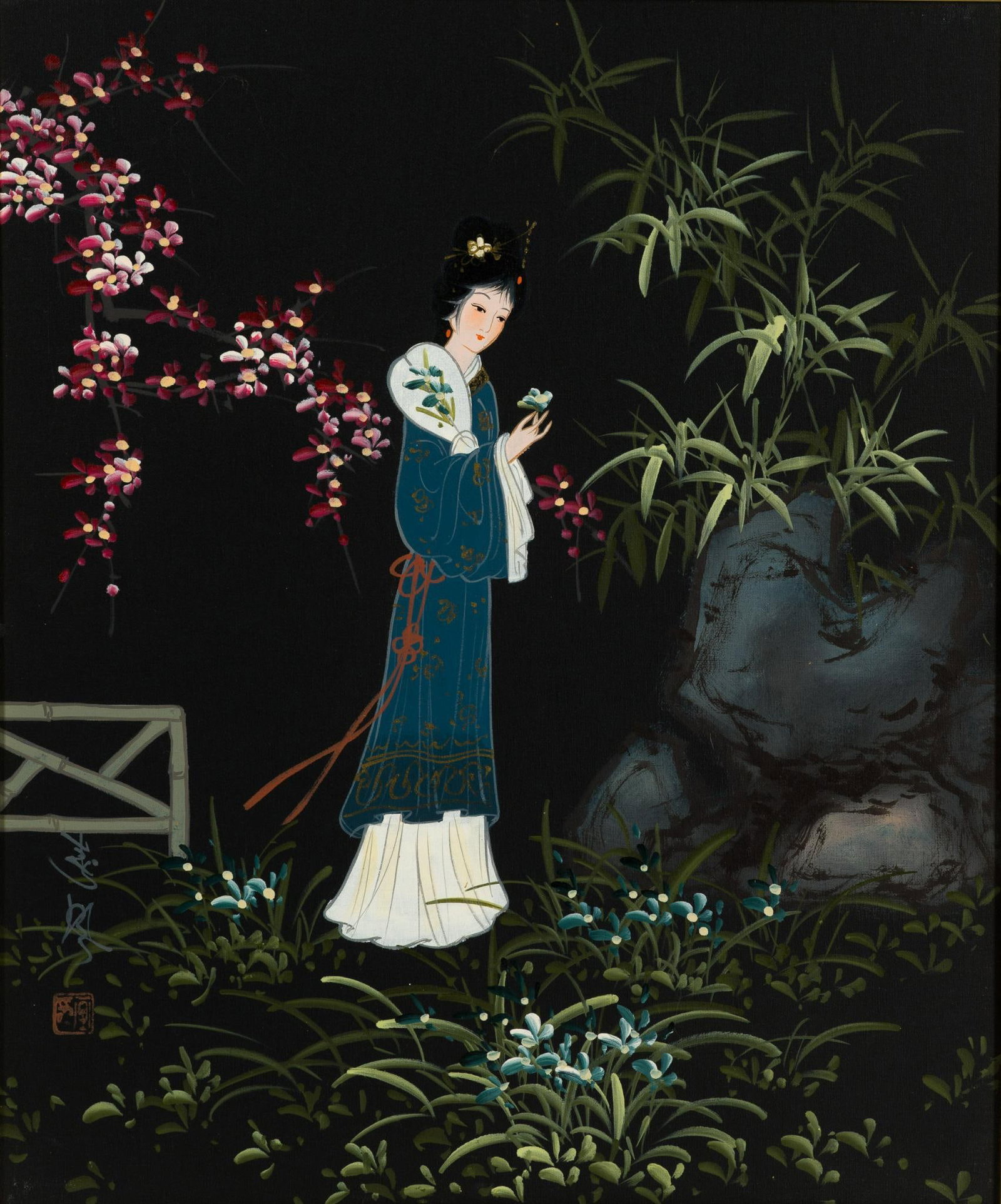 Man Ling Geisha Painting: Signed, framed and stamped left side. 28" long x 23-3/4" wide, sight 23-1/2" long x 19" wide.
