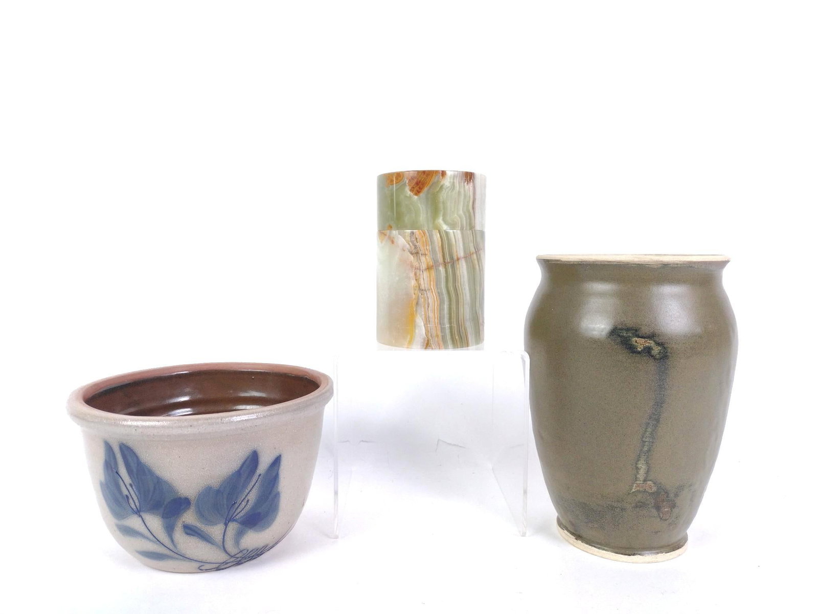 Signed Pottery & Lidded Stone Vessel (1 of 8)