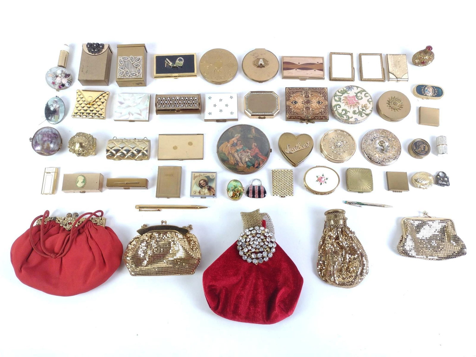 Lot Of Vintage Compacts, Bags, Pens: Also includes match & cigarette holders, pocket mirrors and more.