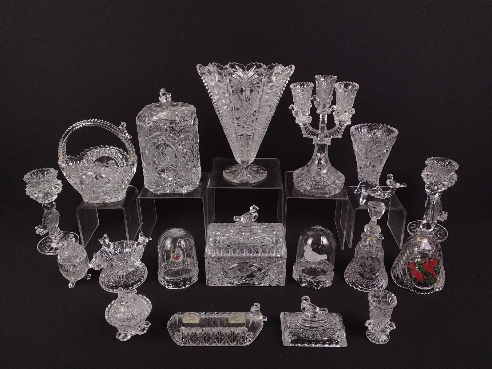 19 Pieces Pressed & Cut Glass: 2" to 9" high.