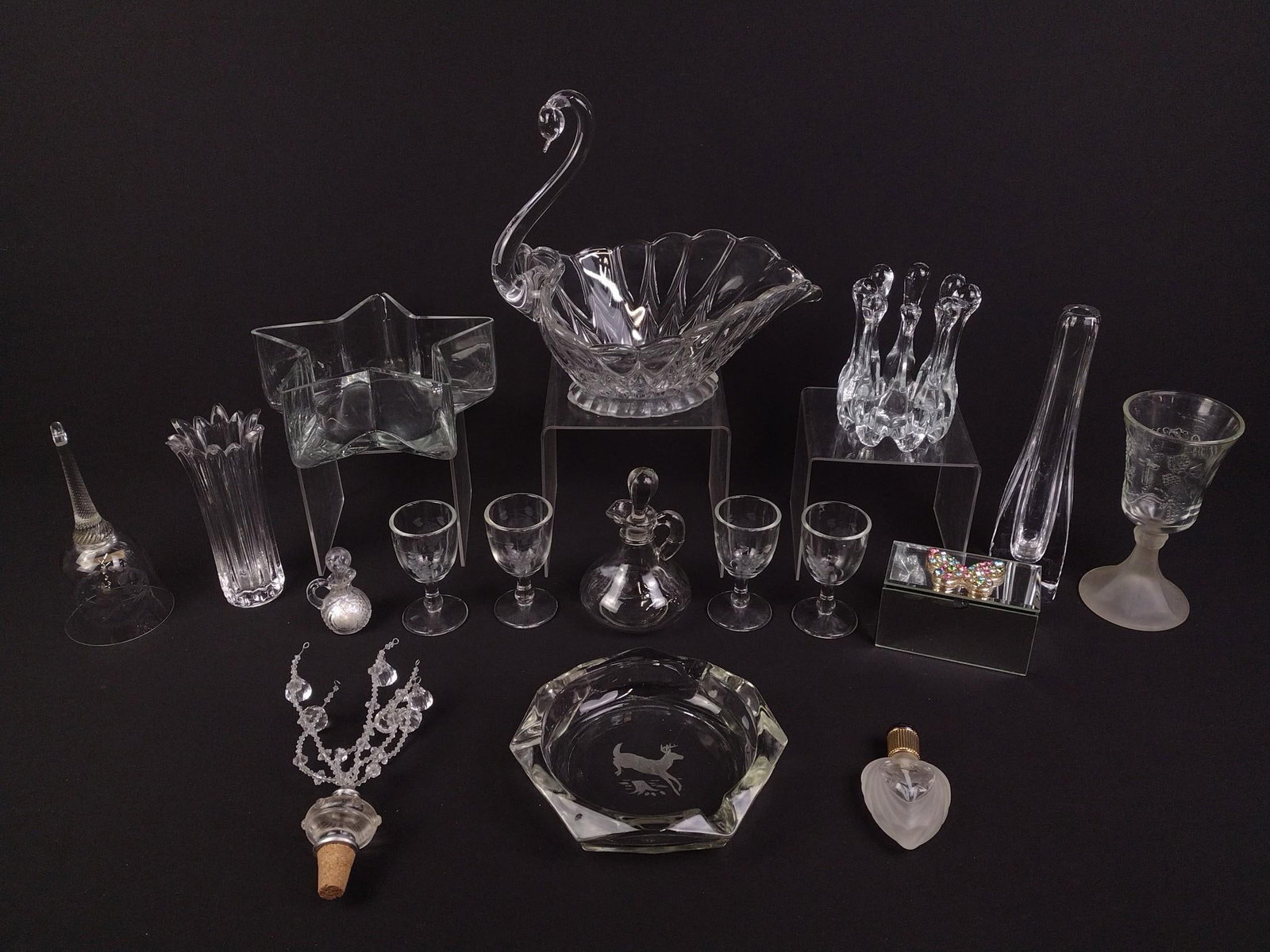 Lot Of Clear Glass And Butterfly Box: 1-1/2" to 10" high.