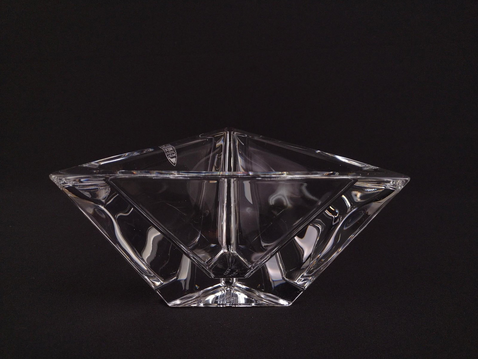 Orrefors Triangle Dish: 7-3/4" wide X 7" deep X 4-1/4" high.