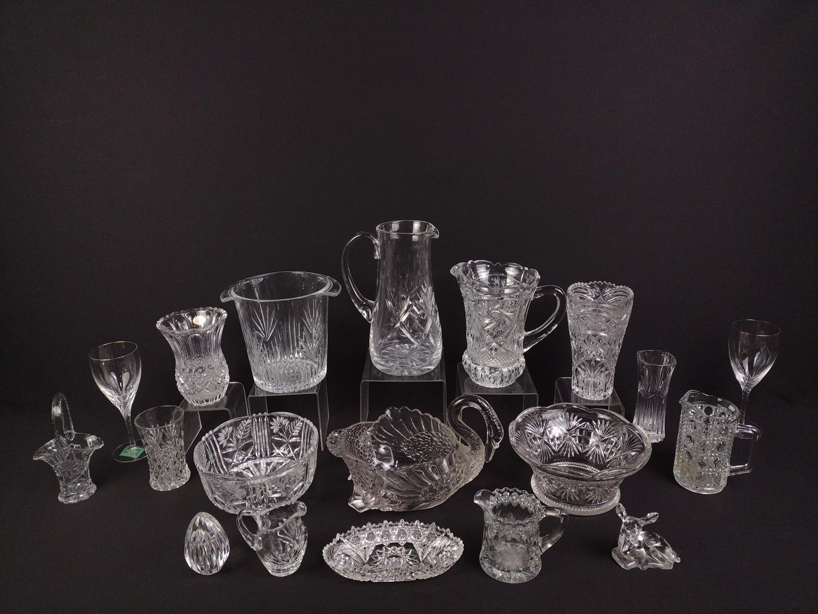 19 Pieces Cut Glass: 3-1/2" to 10-1/2" high. Some signed.