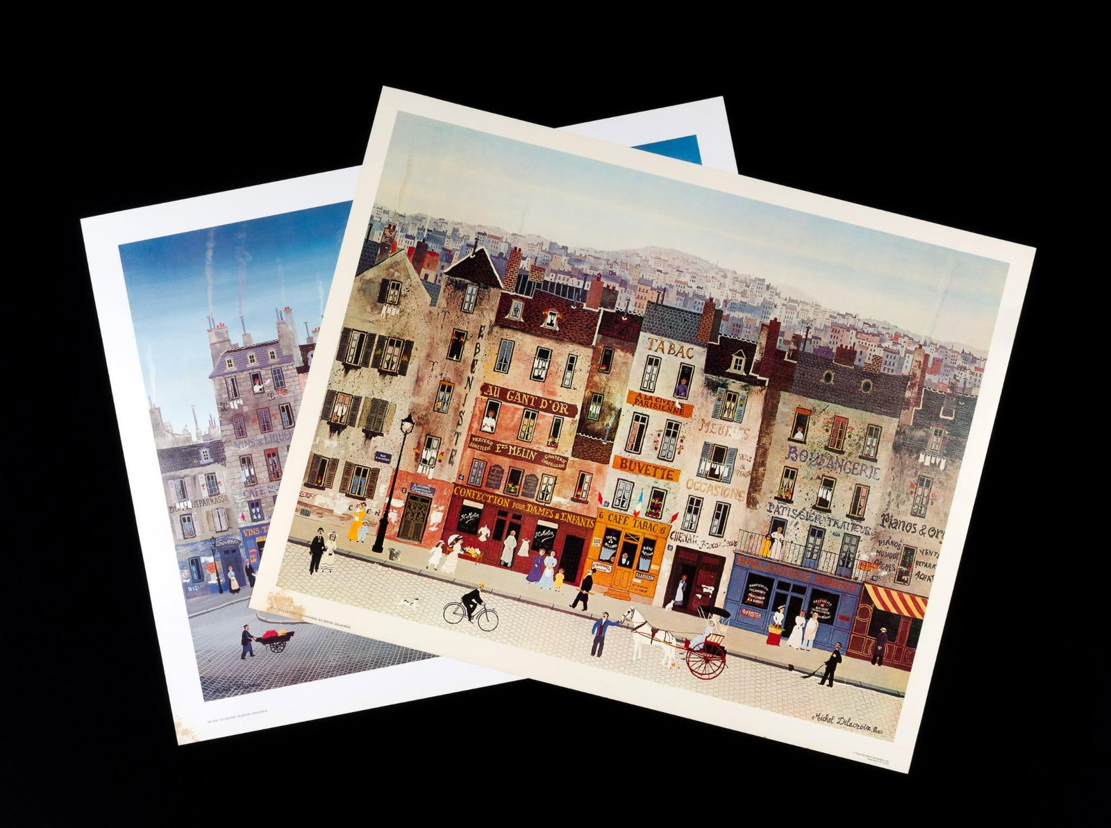 2 Michel Delacroix Lithographs incl. "Le Square": Also includes "La Civette Parisienne." Water damage to lower right corner of "Le Square." Water damage to bottom of "Le Civette Parisienne." 25-1/8" long x 31" to 32" wide.