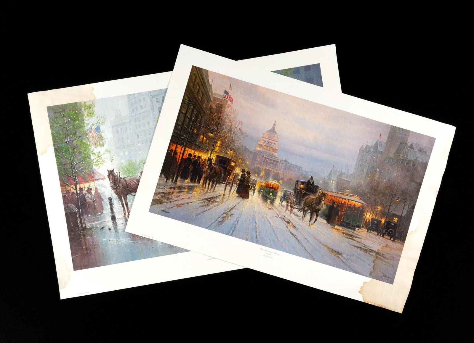 2 G. Harvey Prints Incl. "Pennsylvania Avenue": Also includes "A Touch of Spring" w/ COA. Water damage to left side. Pennsylvania Avenue signed lower right. Edition 2325/2575. Large water spot to lower right side. Water damage to lower right side.