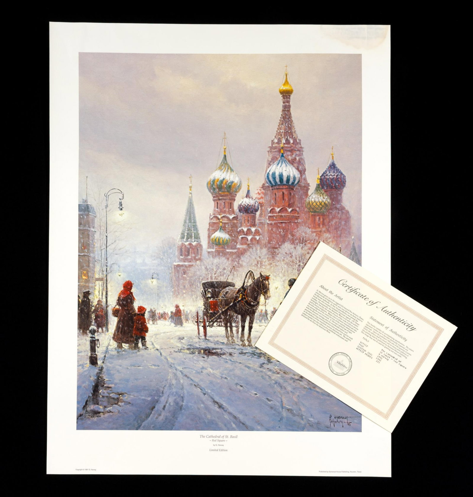 G. Harvey "The Cathedral of St. Basil" Lithograph W/ COA: Signed lower right. Edition 631/1950. Water damage to top right corner. 30-7/8" long x 23-3/8" wide.