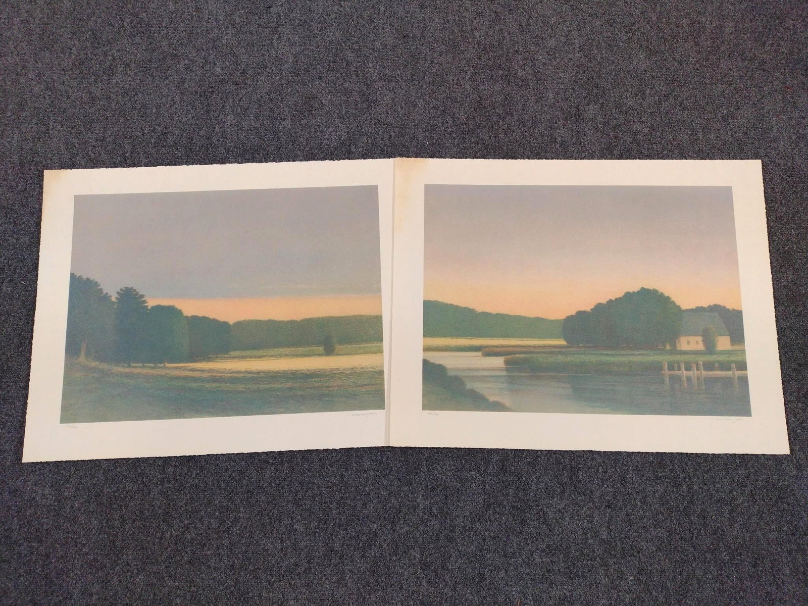2 Pcs Sandy Wadlington Art: Both numbered. Both 21-1/2" high X 27-1/2" wide. Both have discoloring to top left corner.