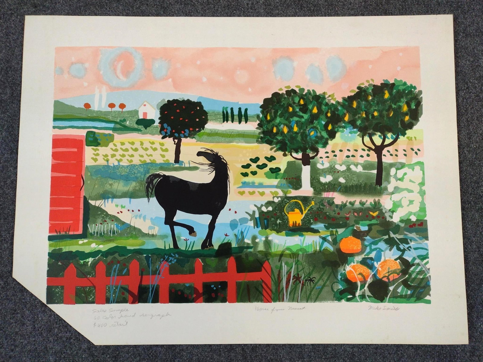 mike Smith Serigraph "Horse From Nueruet": 25-1/2" high X 34" wide. Bottom left corner is clipped.