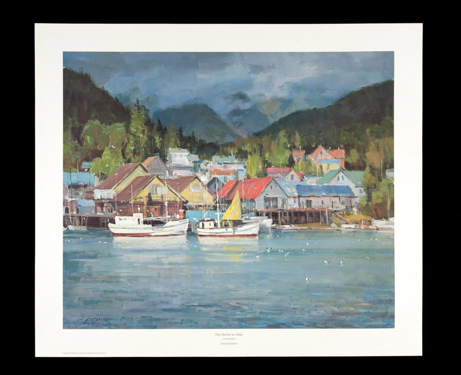 Clyde Aspevig "The Harbor at Sitka" Print: Signed lower left. Edition 194/1000. 24" long x 28" wide.