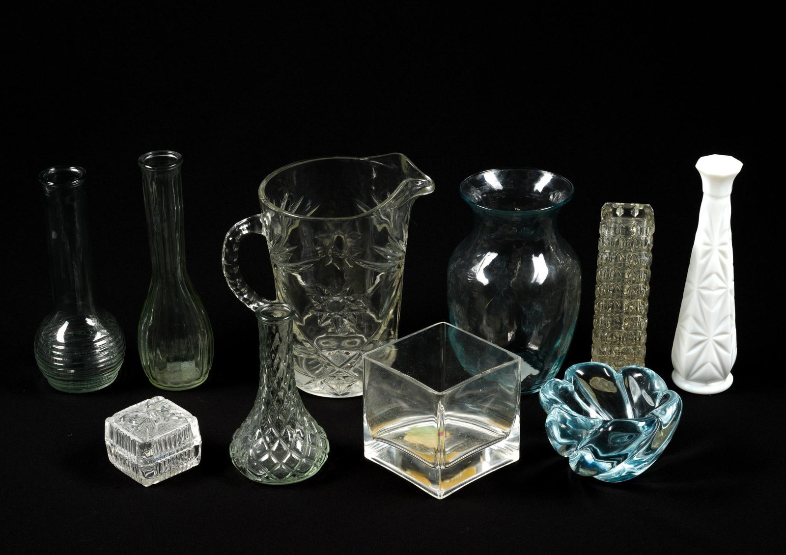 Ten Assorted Glass Incl. Anchor Hocking Pitcher: Sizes range from 2 - 1/2" to 9" in height and from 2" to 8" wide.