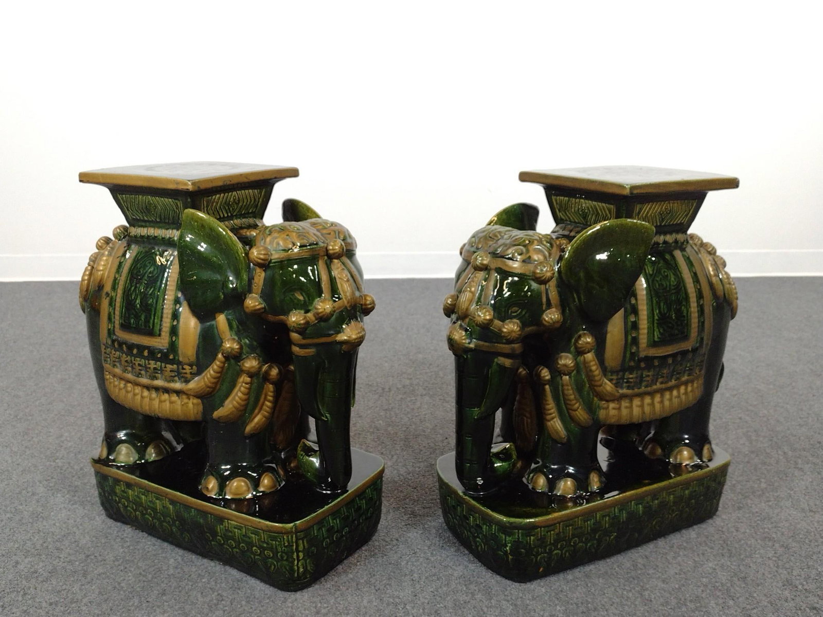 Pair Of Ceramic Elephant Garden Stools: Each 9-1/2" wide X 20" deep X 21-1/2" high. No manufactures name found.