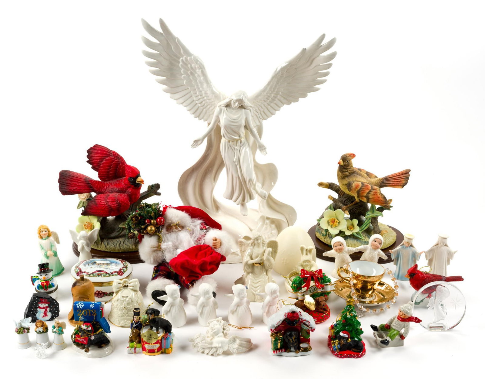 Assorted Christmas Ornaments and Porcelain Figurines: Angel Statue is 18 - 1/2" in height. Angel has been repaired around the waist and on the right wing. Porcelain birds come with wooden bases that are not attached.