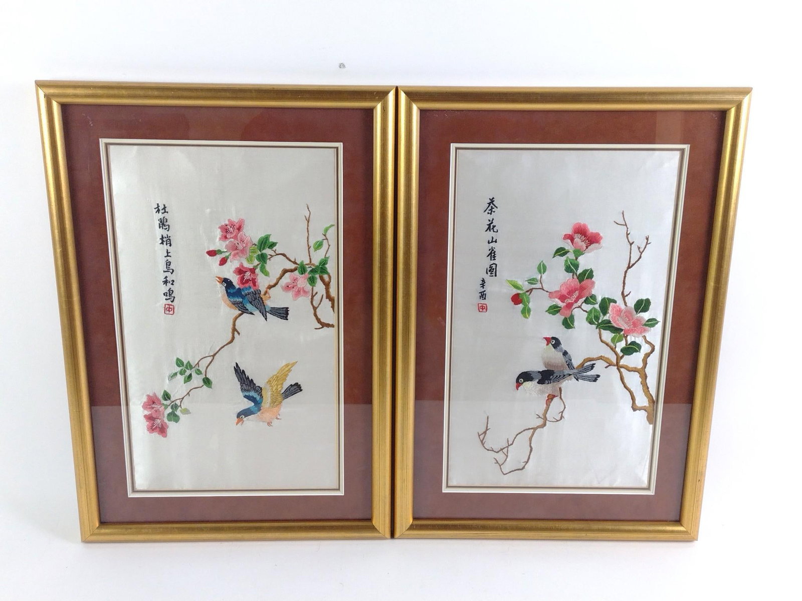 Vintage Chinese Silk Embroidered Panels: Sight 15-1/2" high X 9" wide. Overall with frame 20-3/4" high X 14" wide.