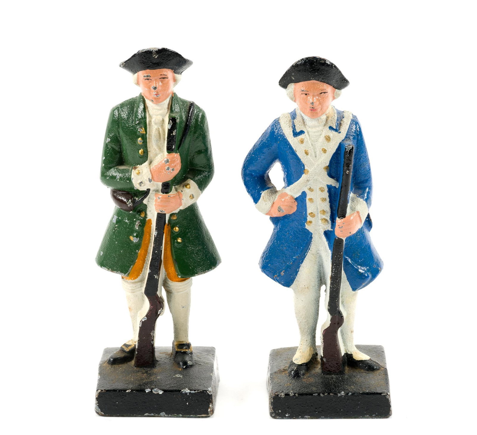 2 Cast Iron Minuteman Soldiers: 3" wide by 7 - 1/2" tall.