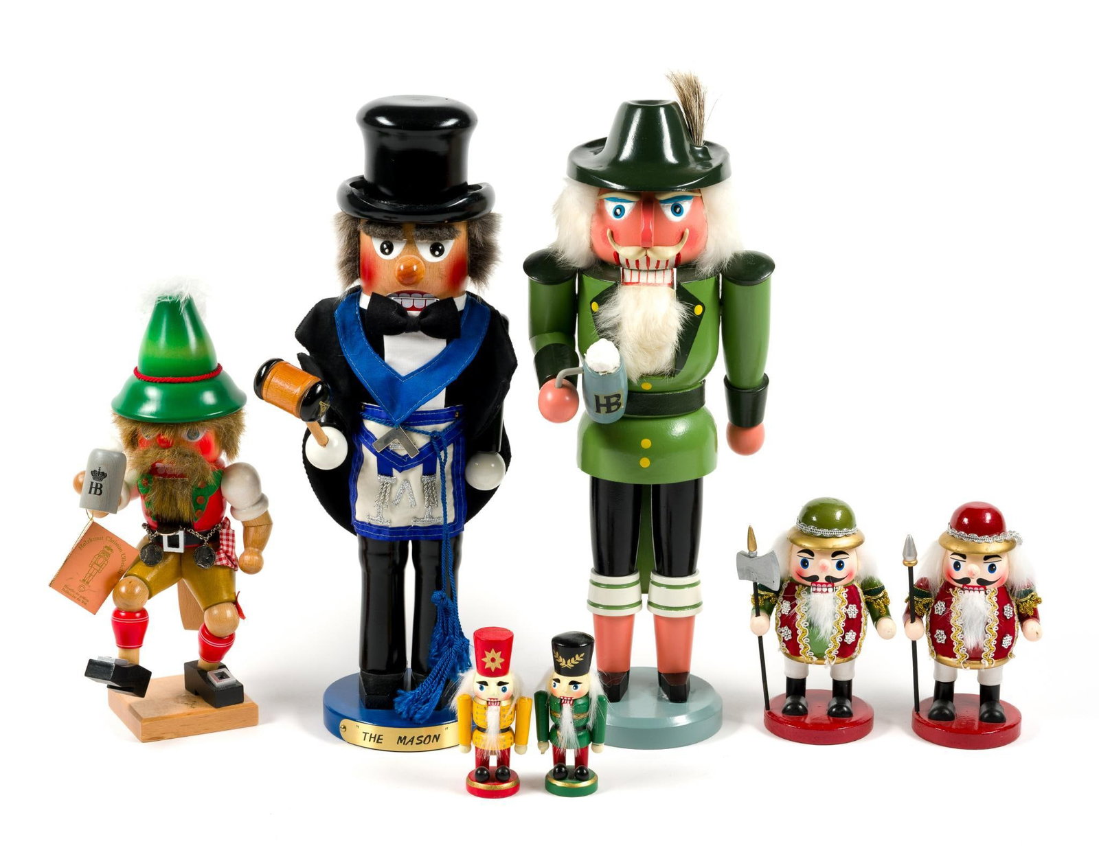 7 Nutcrackers Incl. Steinbach: Also includes a Holzkunst Christian Ulbricht Hofbrau nutcracker made in West Germany. Sizes range from 16 - 1/2" to 4" in height, and range in width from 6" to 2".