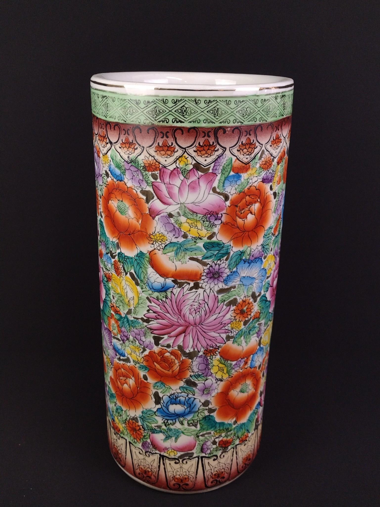Chinese Porcelain Floral Painted Umbrella Stand (1 of 4)