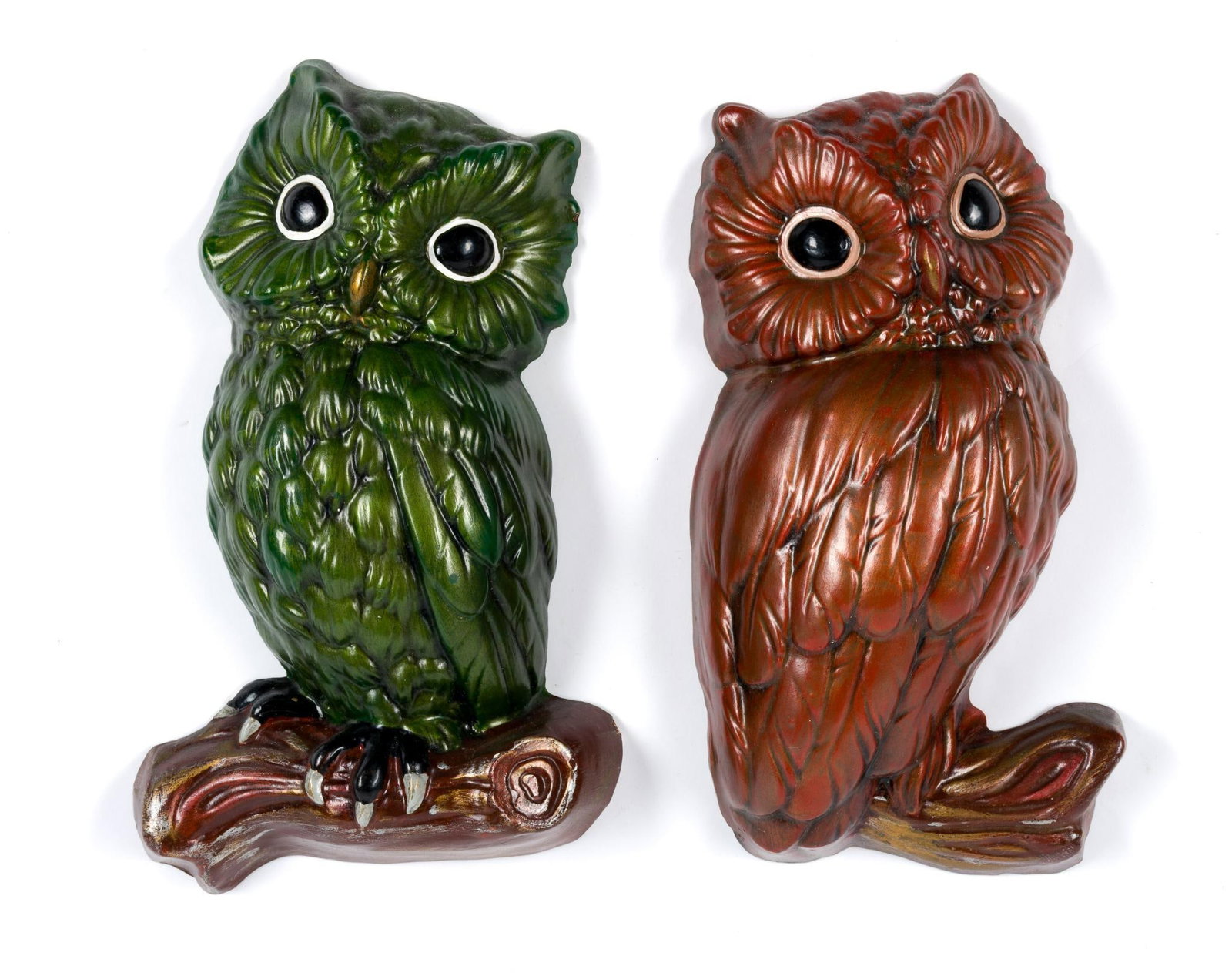 2 Vintage Ceramic Owl Wall Hangings: Ceramic is glazed. Owls measure 11" by 6 - 1/2".