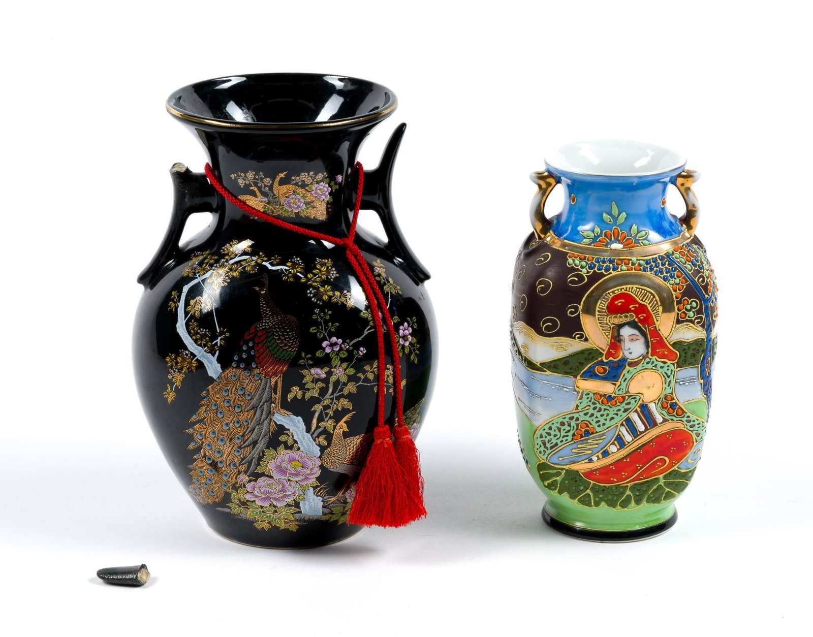 Two Japanese Ceramic Vases: Wing on black vase is broken off on right side. Largest vase is 6" wide by 8 - 1/2" tall.