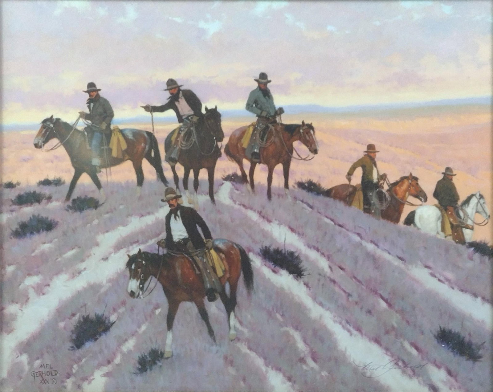 Mel Gerhold Cowboy Print: Sight 10-1/2" high X 13-1/4" wide. Overall with frame 14-1/2" high X 17-1/4" wide. Signed.