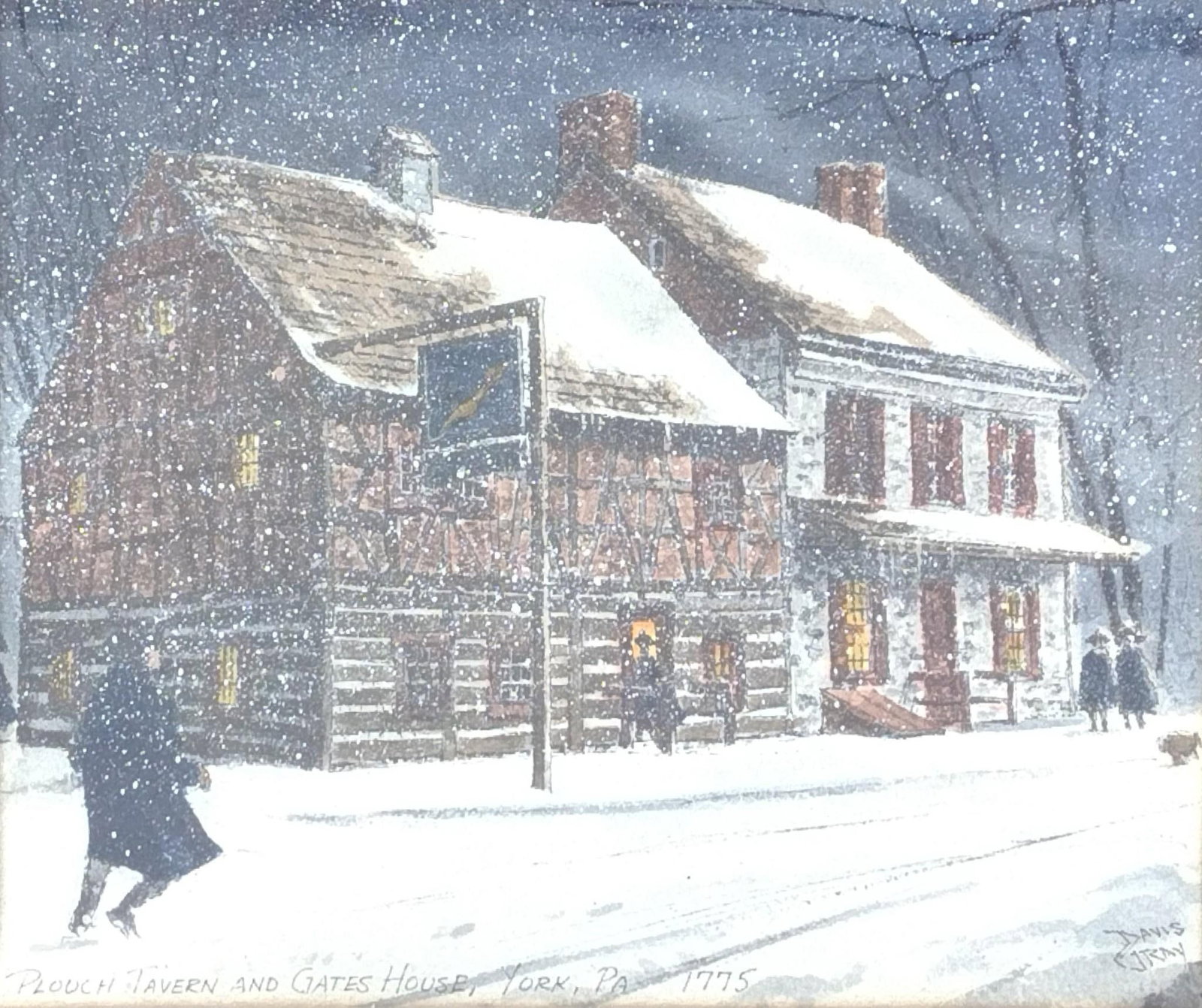 "Plouch Tavern & Gates House, York, PA 1775" by Davis Ray: Sight 7-1/2" high X 9-1/2" wide. Overall with frame 13-1/2" high X 16-1/4" wide.
