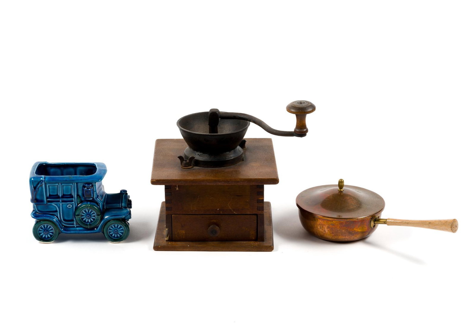 Vintage Planter, Antique Coffee Grinder, Copper Pan: Items range in size from 6" to 11 - 1/2" in length and 4" to 10" in width.