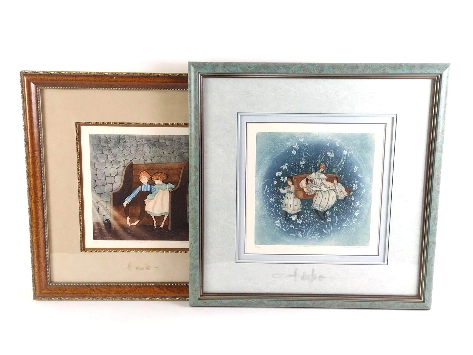 2 P. Buckley Moss Prints Incl. "Friendship": Also includes "Story Time." Sight 12" to 13-1/2" high X 12-1/2" X 13-1/2" wide. Overall with frame 24" to 25" high X 24-1/2" to 25-1/4" wide.