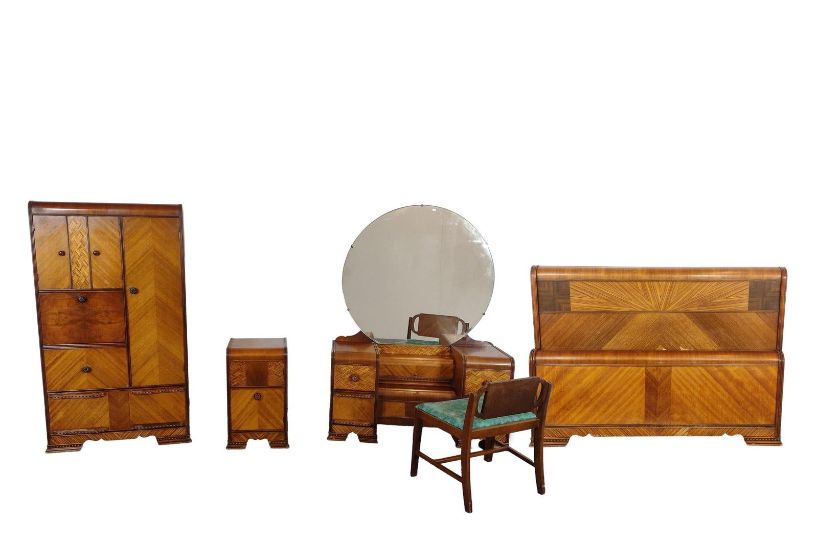 Waterfall Bedroom Set: Bed 56" wide X 73" deep X 41" high. Vanity 45" wide X 17" deep X 61-1/2" high. Bench 23" wide X 18" deep X 26" high. Wardrobe 34-1/4" wide X 19-1/2" deep X 61" high. Night Stand 16" wide X 13-1/2"