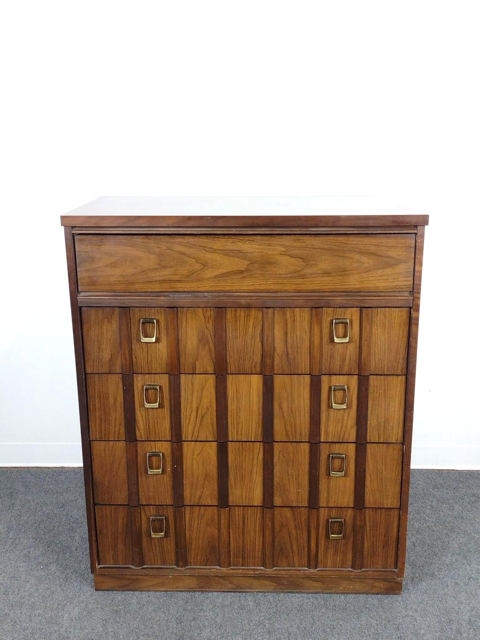 Mid-Century Modern Tall Chest: 36" wide X 18" deep X 44-1/2" high. Has some light scratches. No manufactures name found.