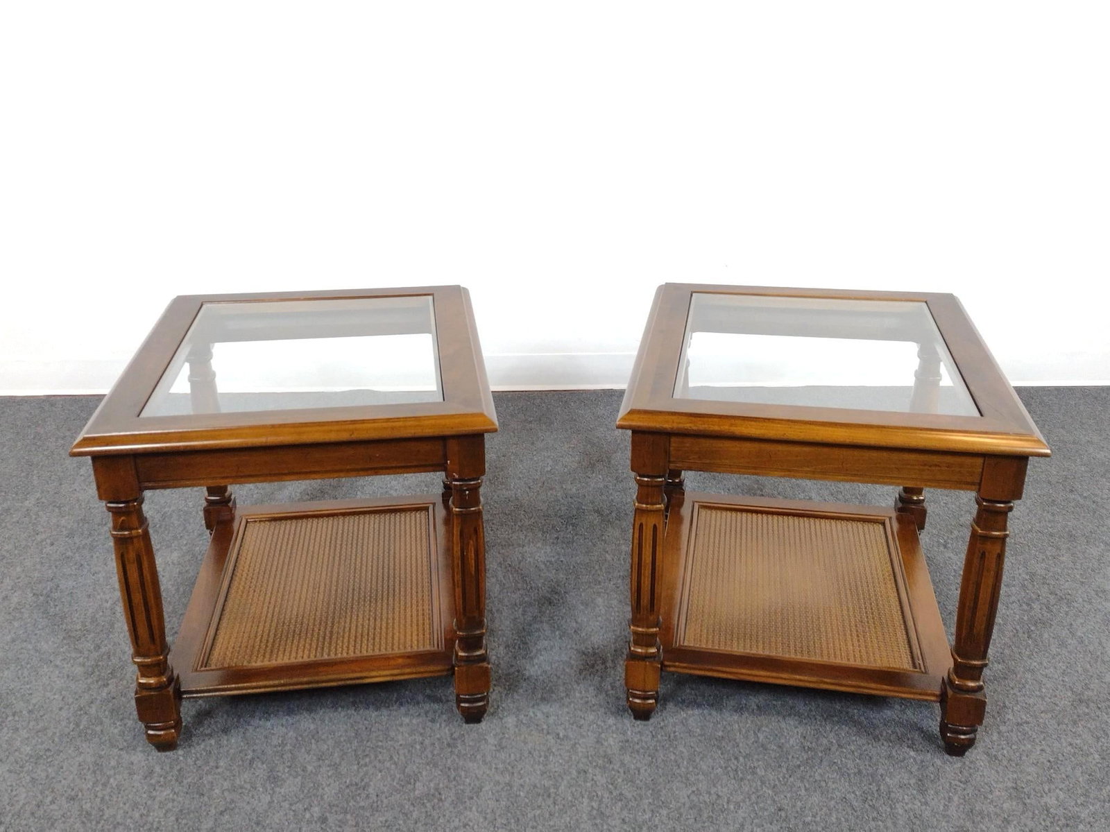 Pair of Mersman Glass Top End Tables: Each 26" wide X 21" deep X 20" high.