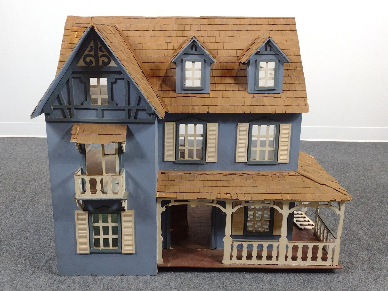 Handmade Doll House: 33-1/2" wide X 17" deep X 29" high. Some damage.