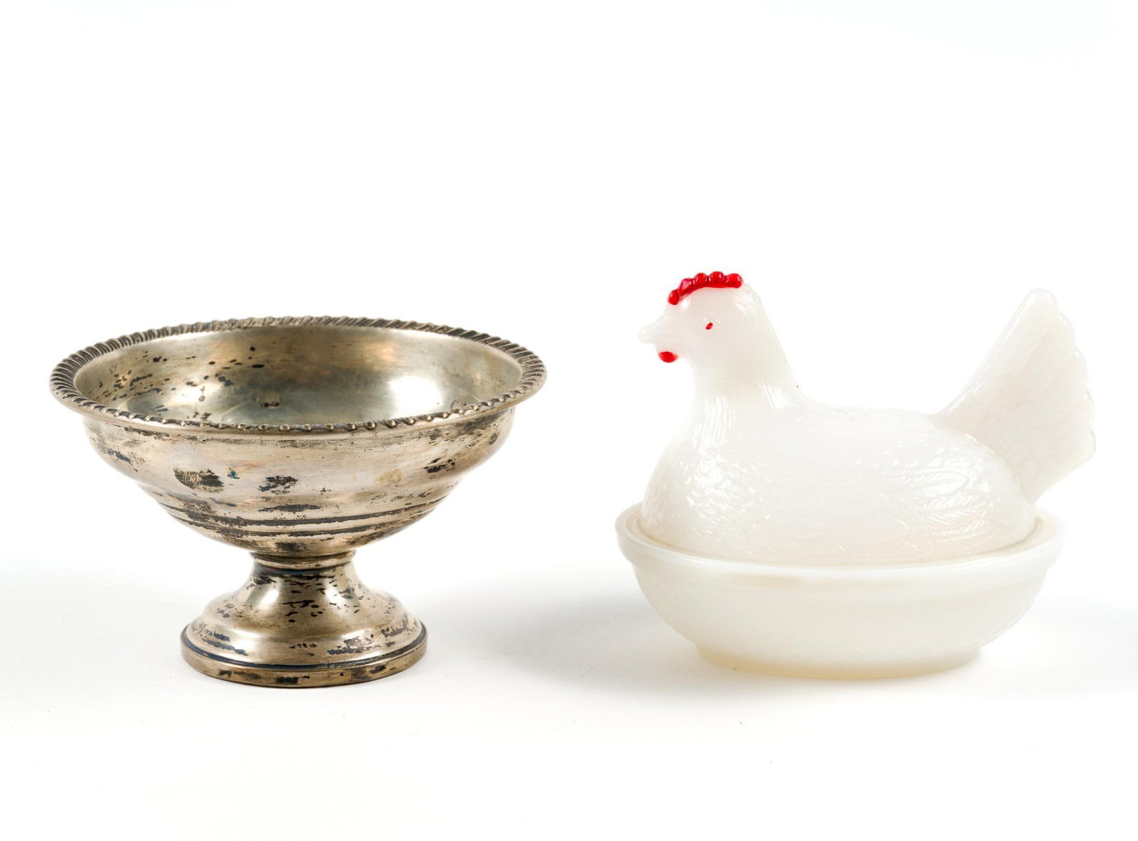 Milk Glass Hen n Nest Dish and Weighted Sterling Silver Dish: Sterling dish measures 4 - 3/4" in diameter and 2 - 3/4" in height. Hen dish measures 4 - 3/4" in width by 4" in height.