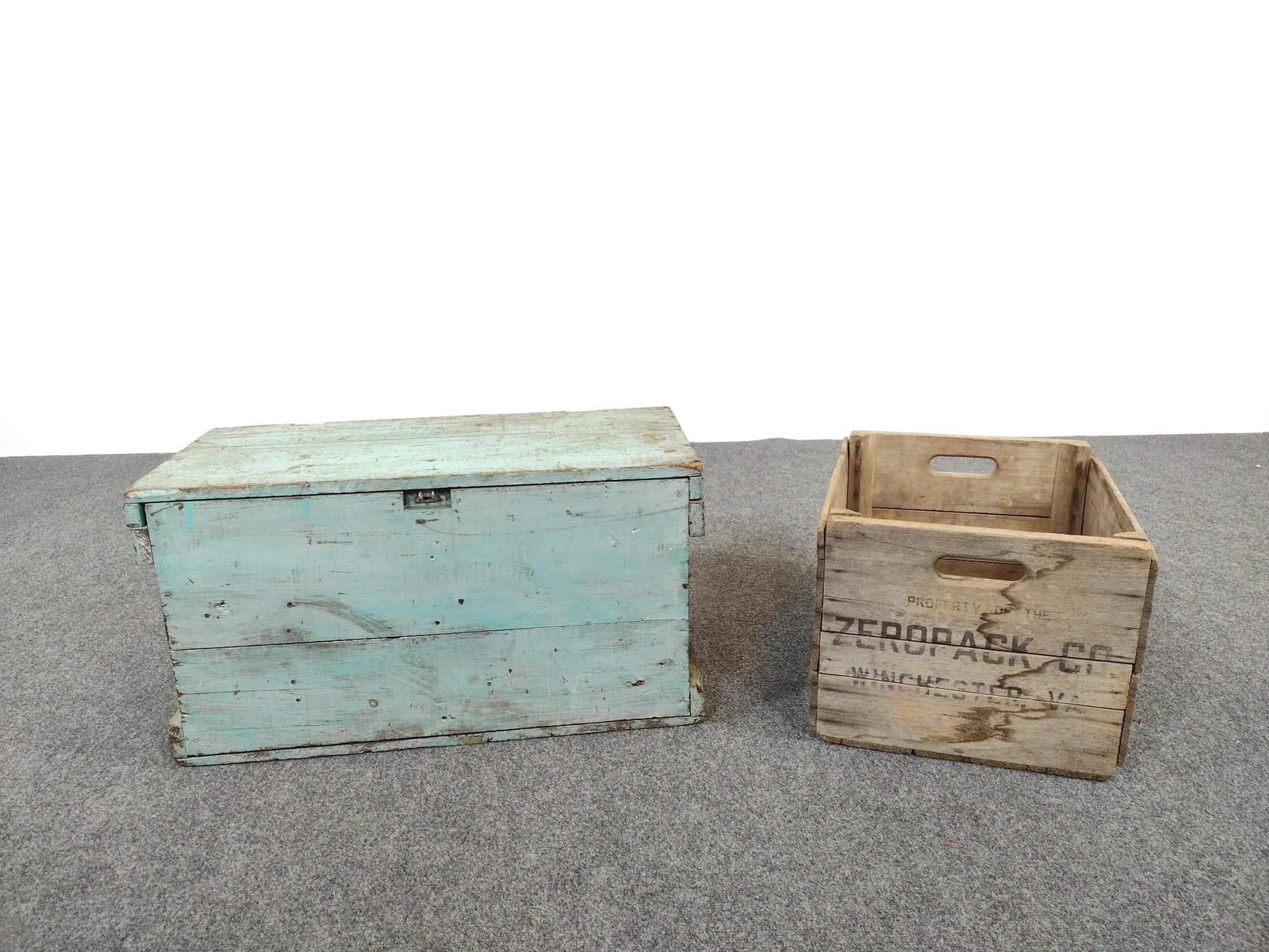 Storage Chest & Zeropack Co Advertising Crate: Chest 27-1/2" wide X 13" deep X 15" high. Zeropack crate 18-1/4" wide X 15" deep X 12-1/4" high. Both have wear consistent with age.