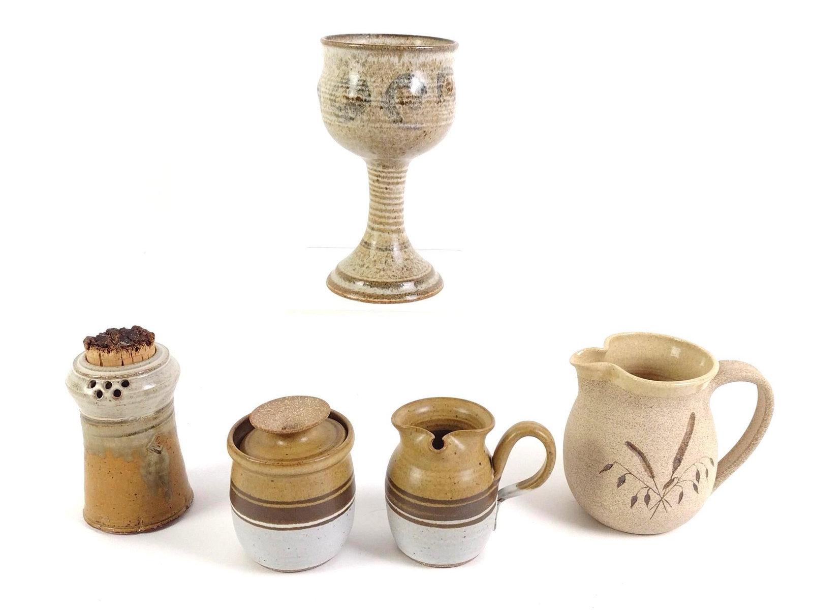 5 Pcs Signed Pottery: 3-1/4" to 4-1/2" wide x 4" to 5-1/4" high.