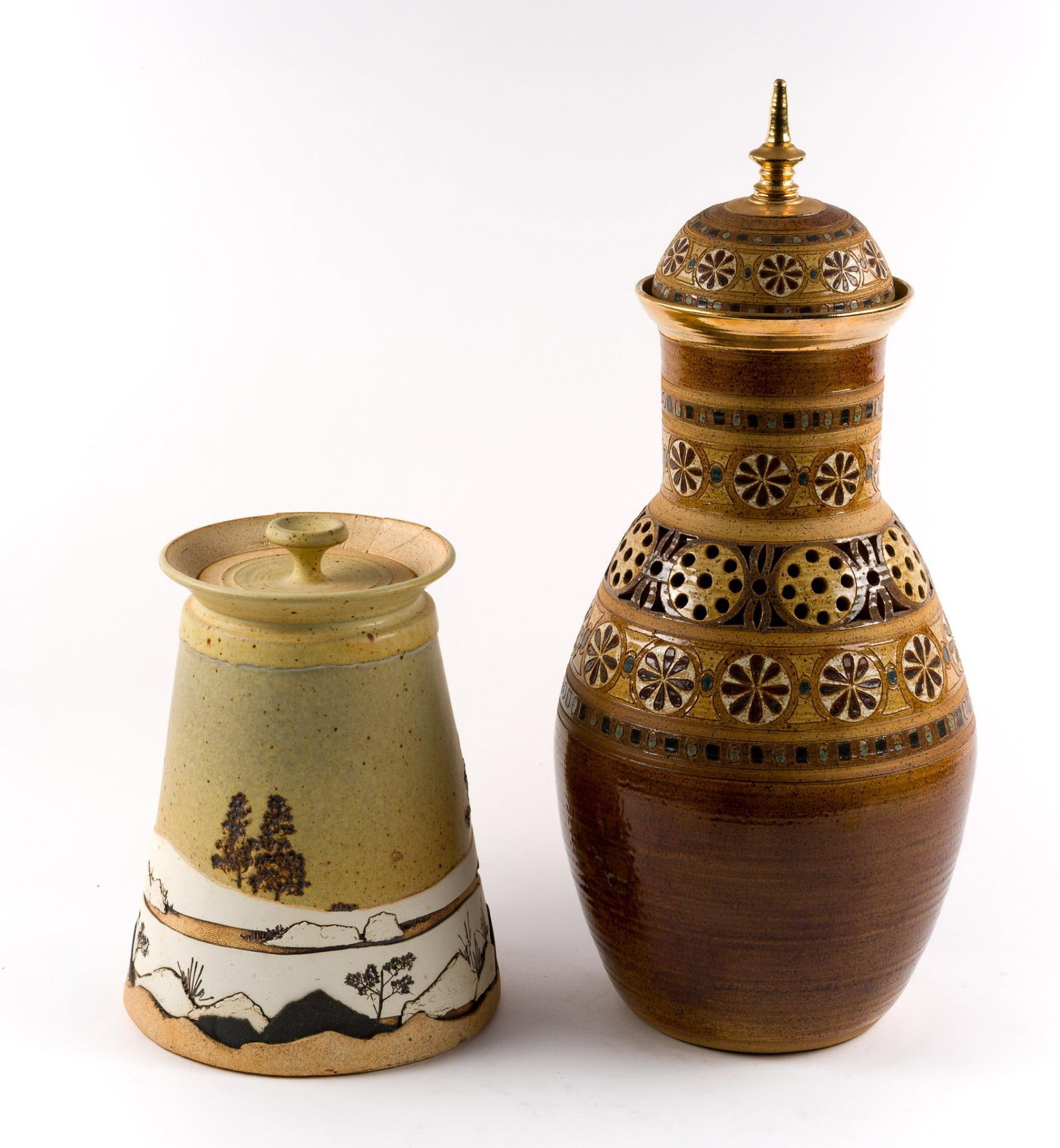 2 Studio Art Pottery Lidded Vases: Taller with repair to rim. 8-1/2" to 8-3/4" wide x 11" to 22-1/4" high.