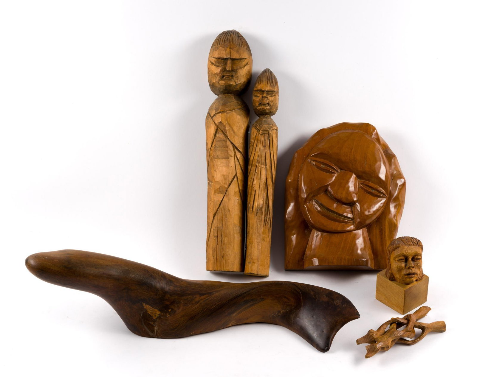 5 Carved Wood Figurines: Some signed. 5" to 20" wide x 3-1/2" to 5-1/2" high.