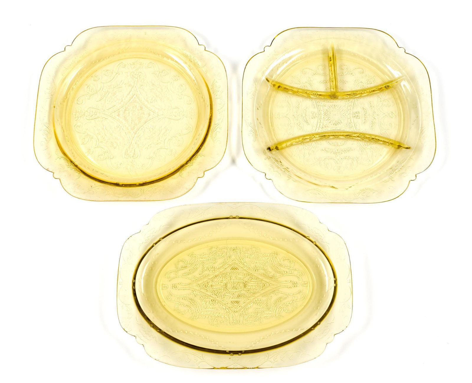 Three Federal Depression Glass "Madrid" Style Platters: Largest platter measures 10 - 1/4" by 10 - 1/4".
